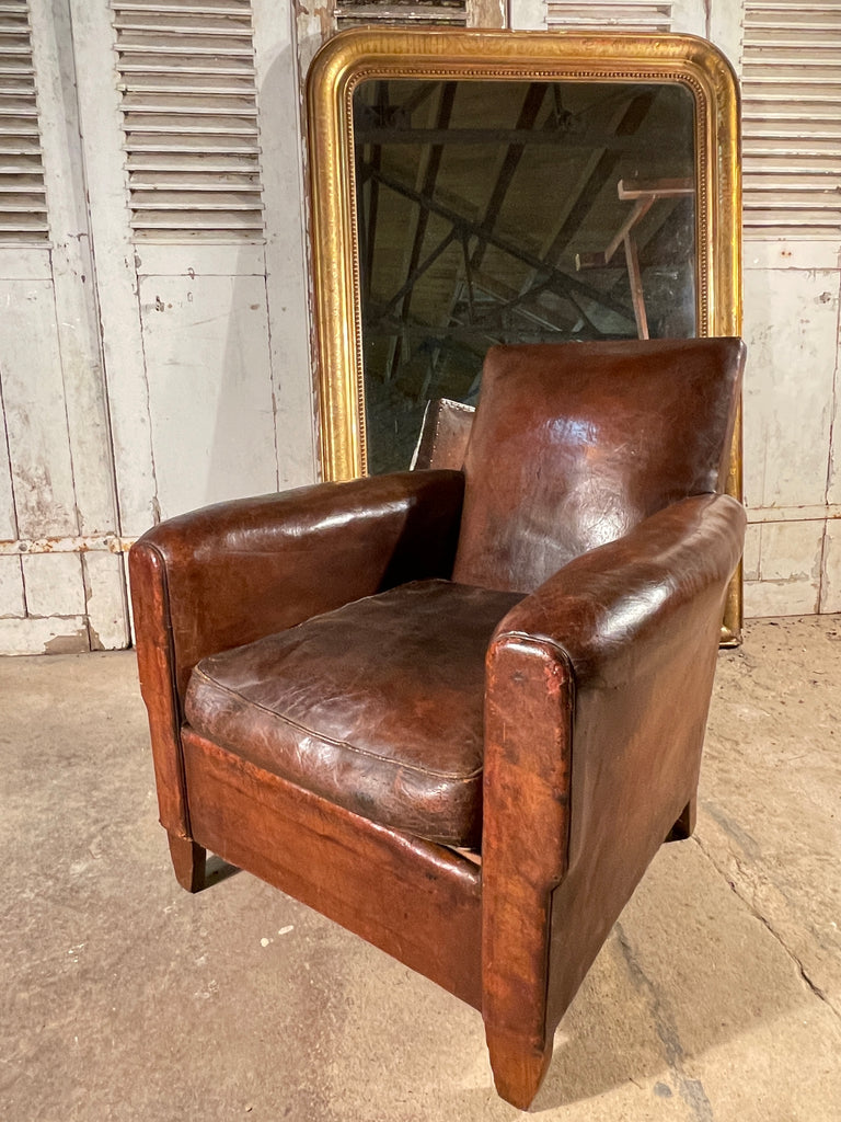 antique french  conker leather studded club armchair