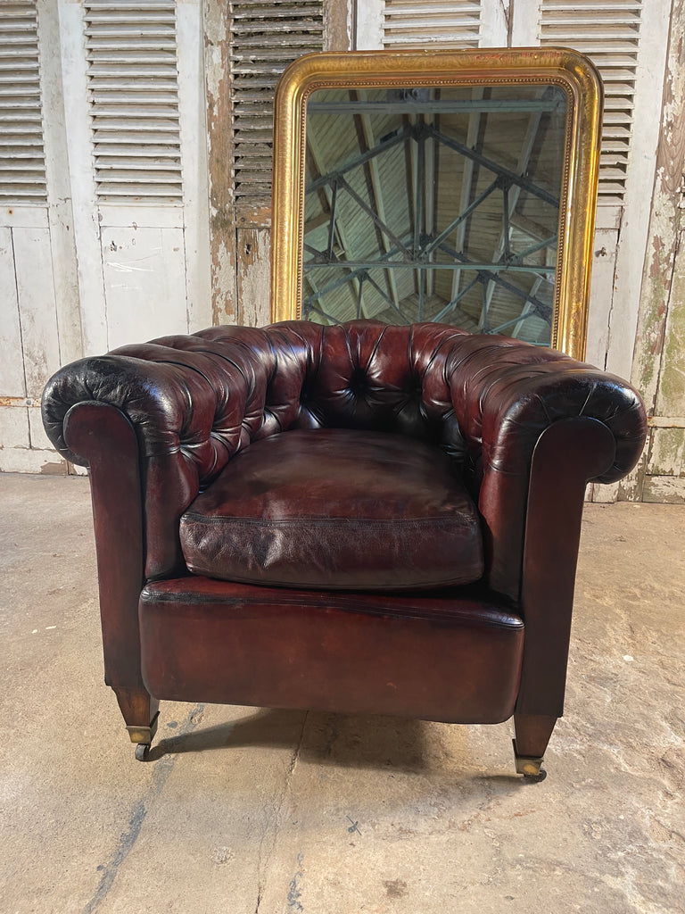 antique english leather chesterfield club armchair