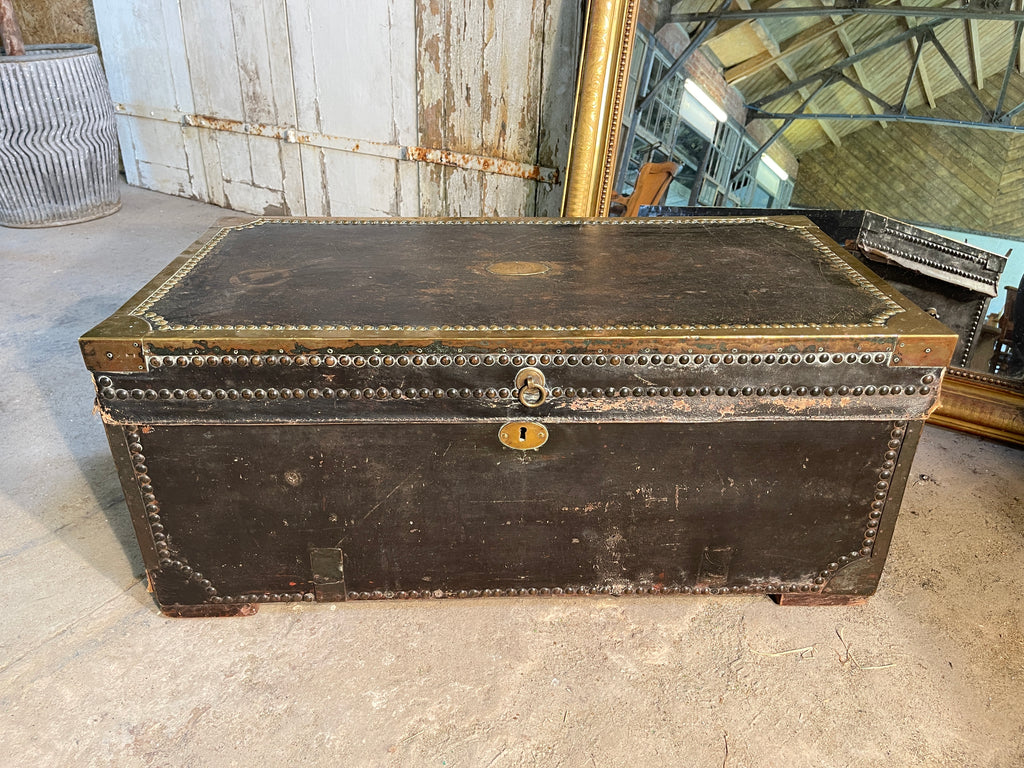 antique georgian military leather bound camphor wood trunk chest