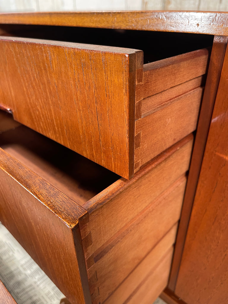 exceptional mid century scandinavian inspired grained teak corinthian side board/console by b & i nathan circa 1960
