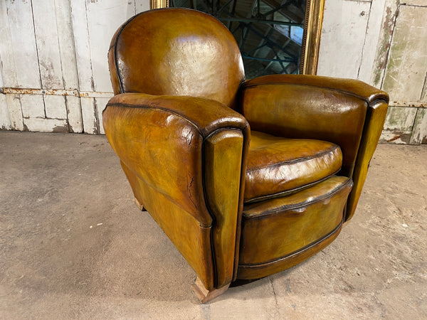 antique french hand dyed cigar leather havana art deco club arm chair