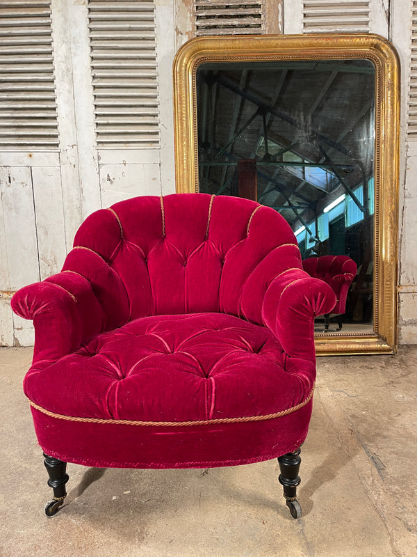 rare model early pair of napoleon iii antique button back scroll armchairs in lush red/burgandy velvet & gold braid circa 1850