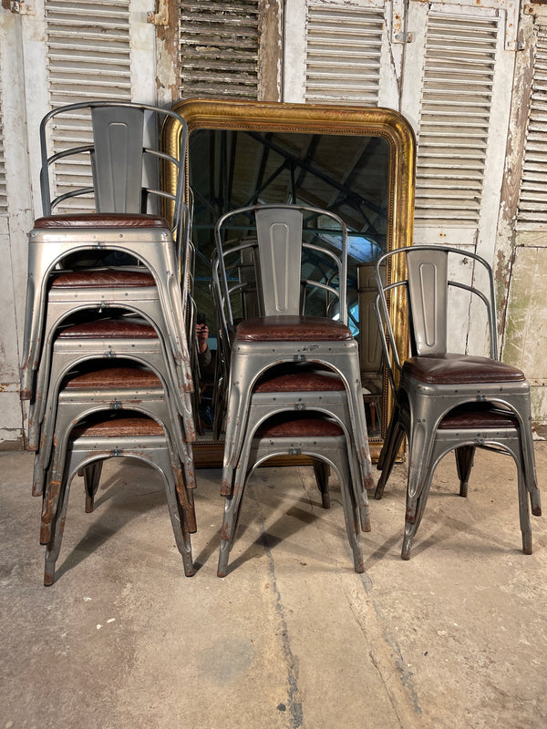 vintage french stacking tolix café chairs leather seat metal frame