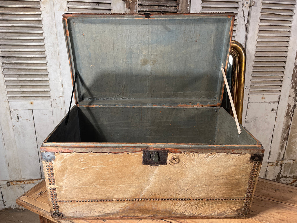 rare early antique georgian brass studded leather & hide bound captains travel chest circa 1750