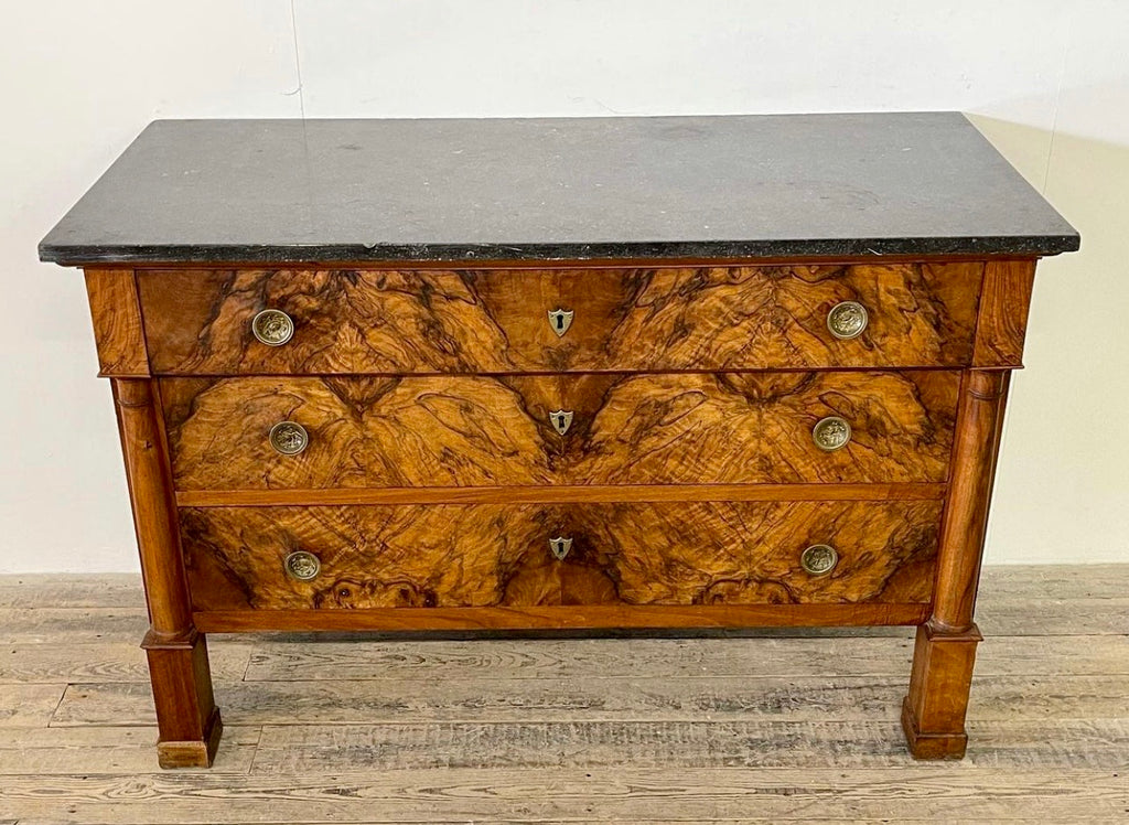 exceptional antique burr walnut marble french empire commode chest drawers circa 1810