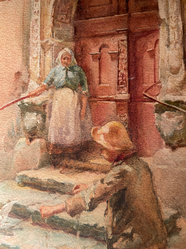 an exceptional watercolour by renowned artist  e m burgess as featured in the v & a  & royal academy dated 1908