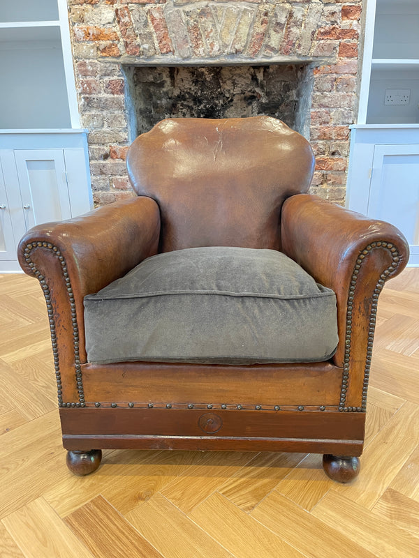 antique french cloud back conker leather studded club armchair