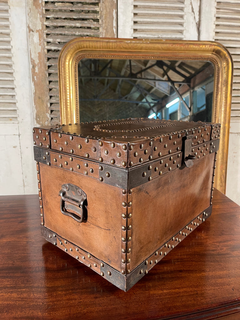 antique studded leather bound antique strong box chest trunk coffee table