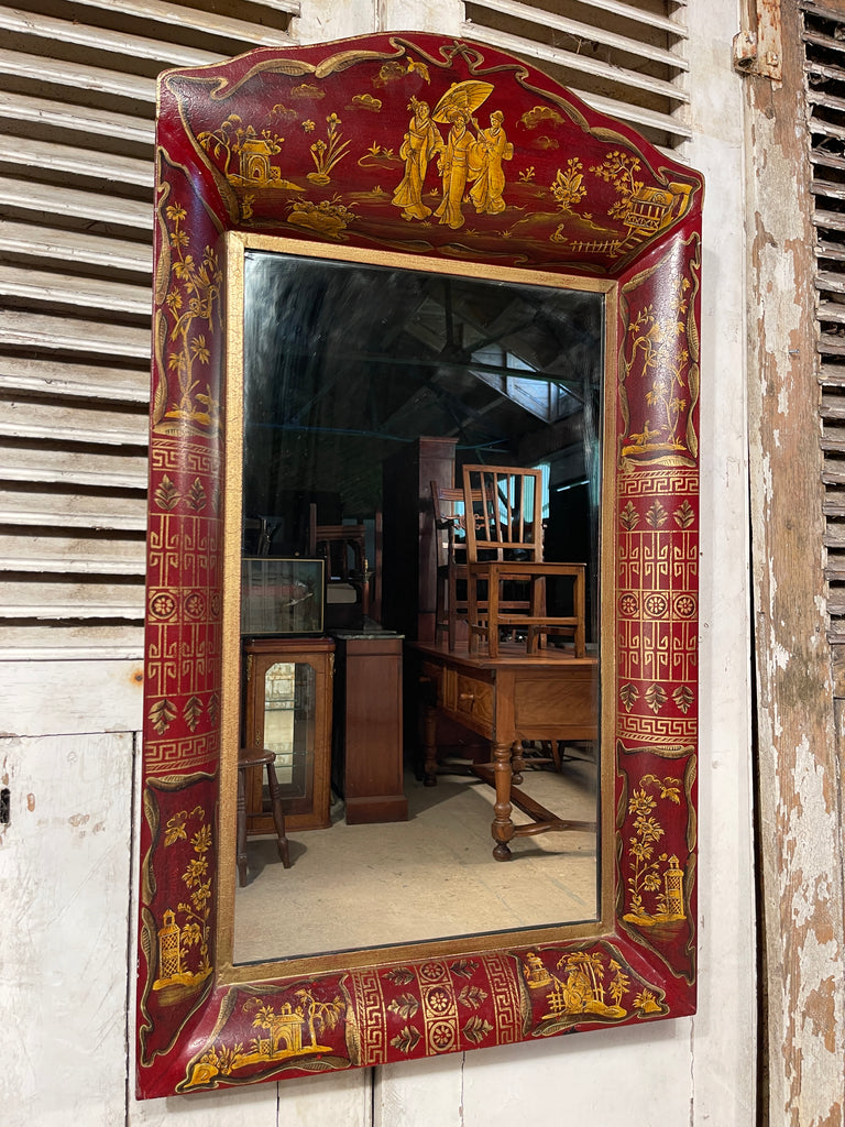 beautiful gilt painted red lacquered chinoiserie toleware georgian pier mirror fabulous patination /oxidation to paintwork