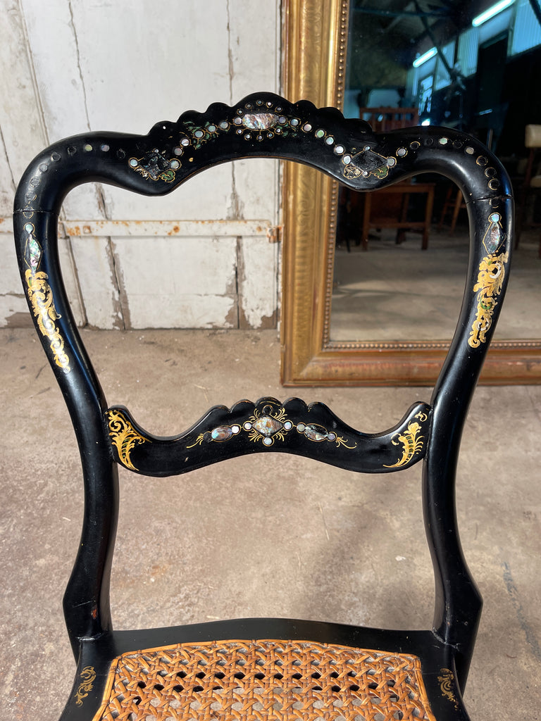 beautiful antique georgian ebonised gilt mother of pearl & cane show chair circa 1830