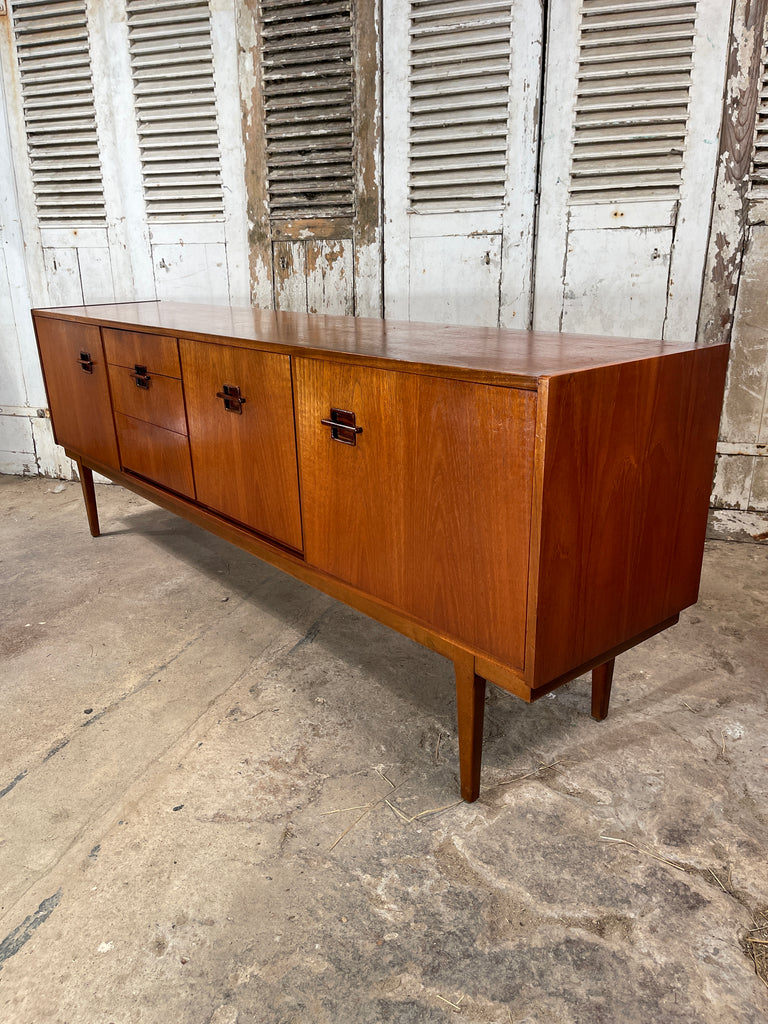 exceptional mid century scandinavian inspired grained teak corinthian side board/console by b & i nathan circa 1960