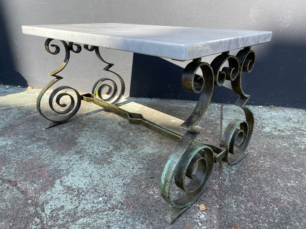 french midcentury hollywood regency marble verdigris wrought iron table