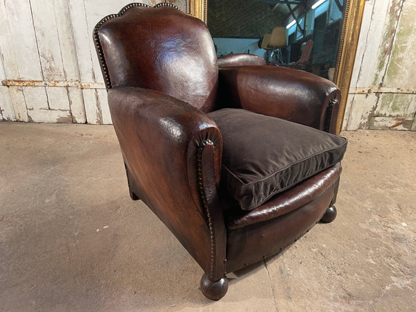 antique french cloud back conker leather studded club armchair