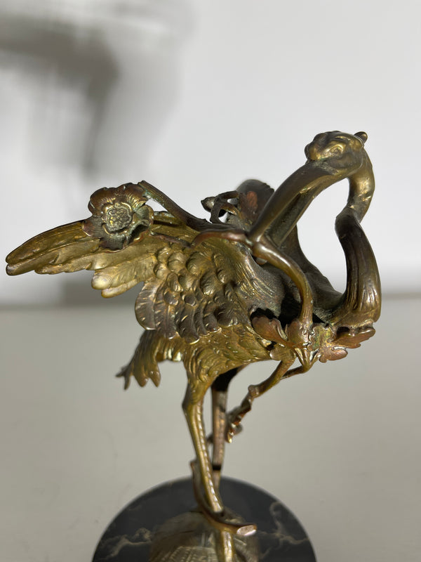 exceptional antique gilt bronze bronze sculpture of a crane sat atop a turtle on marble plinth circa 1890