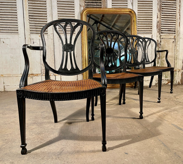 antique set of four sheraton ebonised cane dining elbow chairs circa 1790