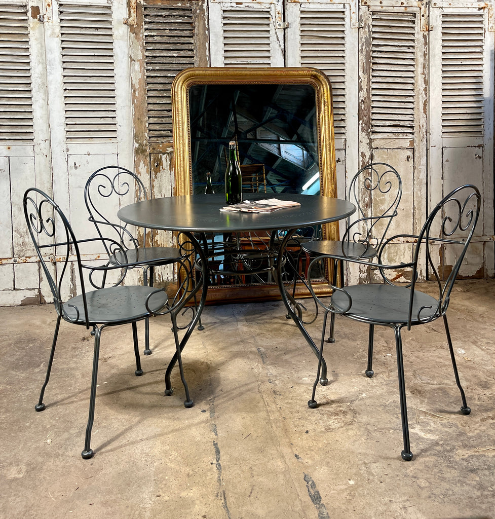 antique french fermob wrought iron garden table dining patio set with matching bench circa 1960