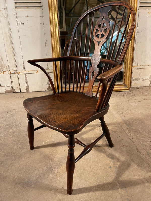 early antique elm & yew windsor elbow chair circa 1850