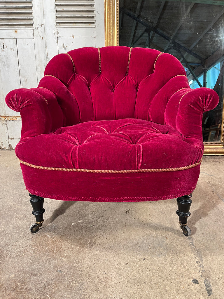 rare model early pair of napoleon iii antique button back scroll armchairs in lush red/burgandy velvet & gold braid circa 1850