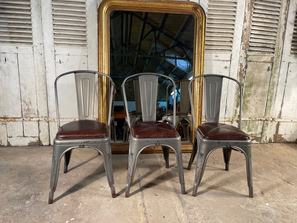 vintage french stacking tolix café chairs leather seat metal frame