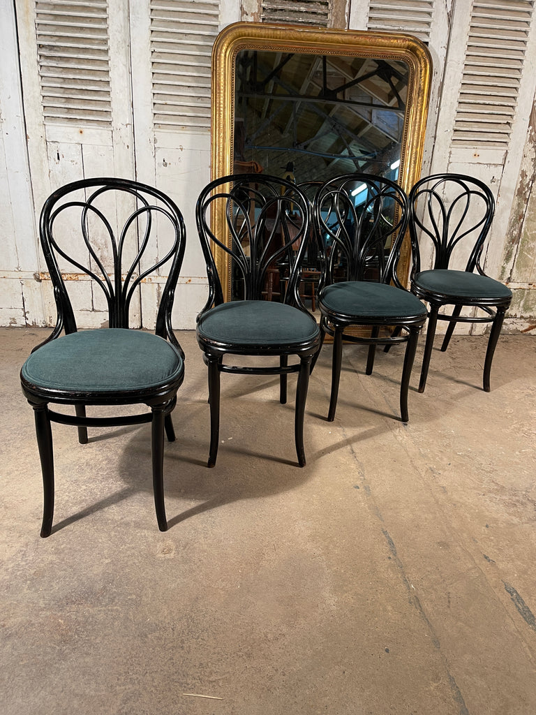 a rare set of four original design ebonised antique thonet bentwood “chair 25”  angel back dining chairs circa 1865