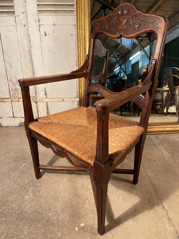 antique french provincial carved oak elbow dining chairs circa 1840