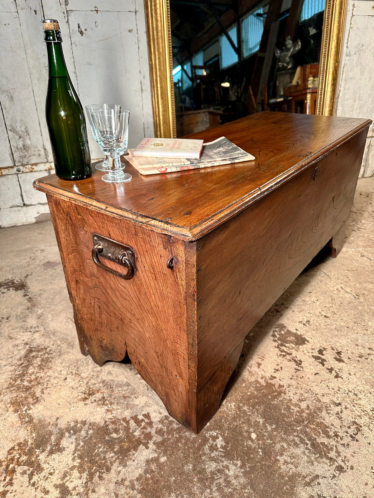 Early English/Sussex Antique Six Plank Elm Coffer Chest Trunk