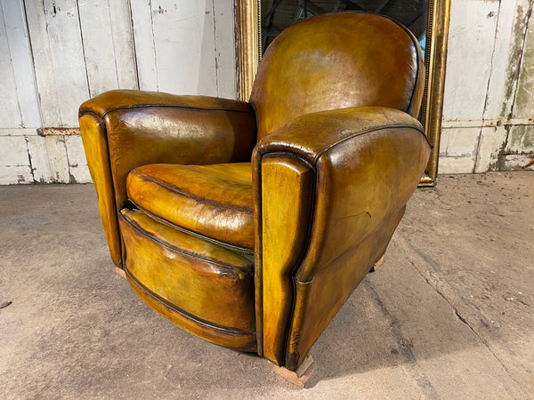 antique french hand dyed cigar leather havana art deco club arm chair