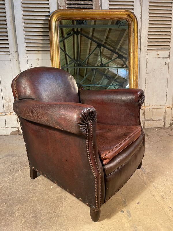 antique french conker leather studded club armchair circa 1900