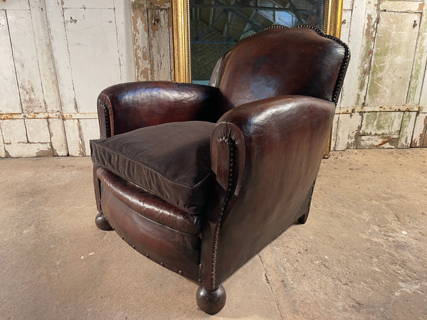 antique french cloud back conker leather studded club armchair