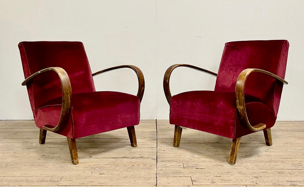 original pair of rare jindrich halabala model 410 art deco modernist burgundy velvet bentwood arm chairs circa 1930