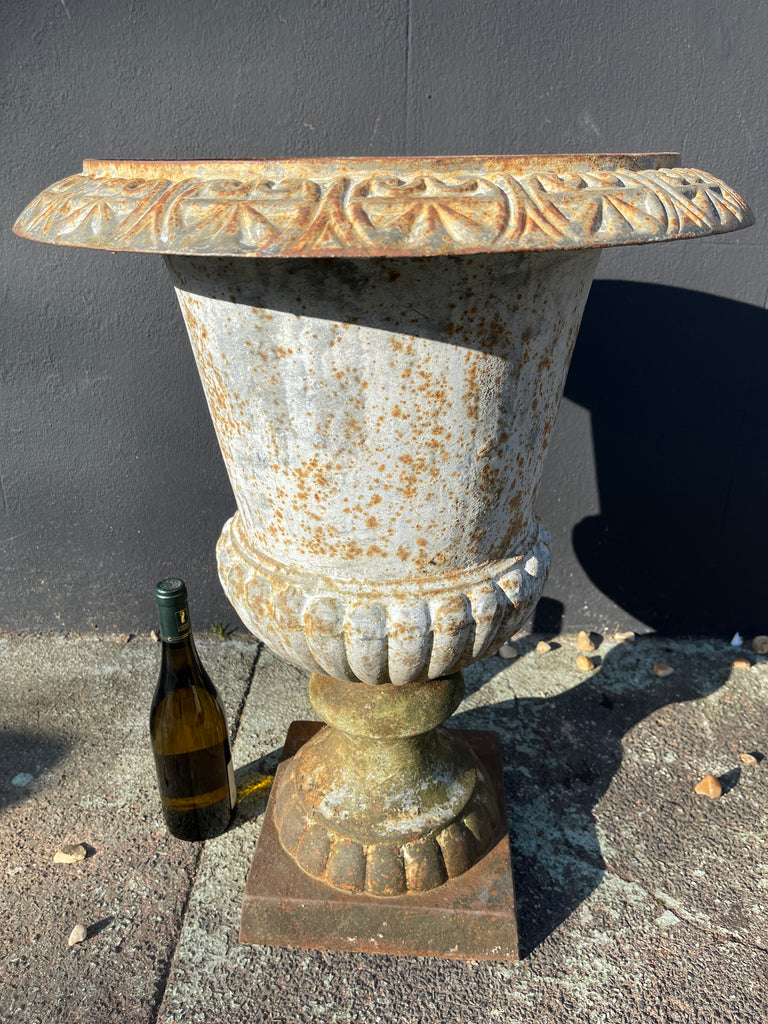 a beautiful victorian large architectural cast iron garden urn with good casting and aged patina.