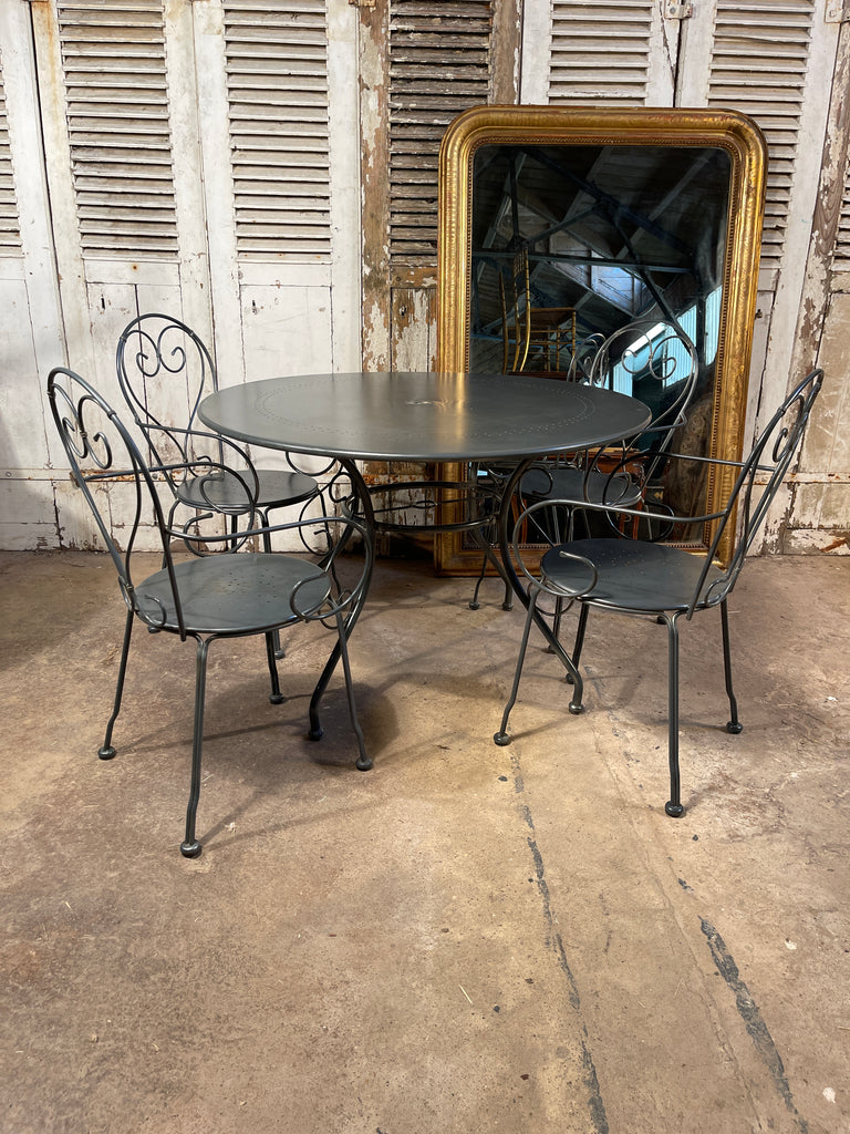 antique french fermob wrought iron garden table dining patio set with matching bench circa 1960