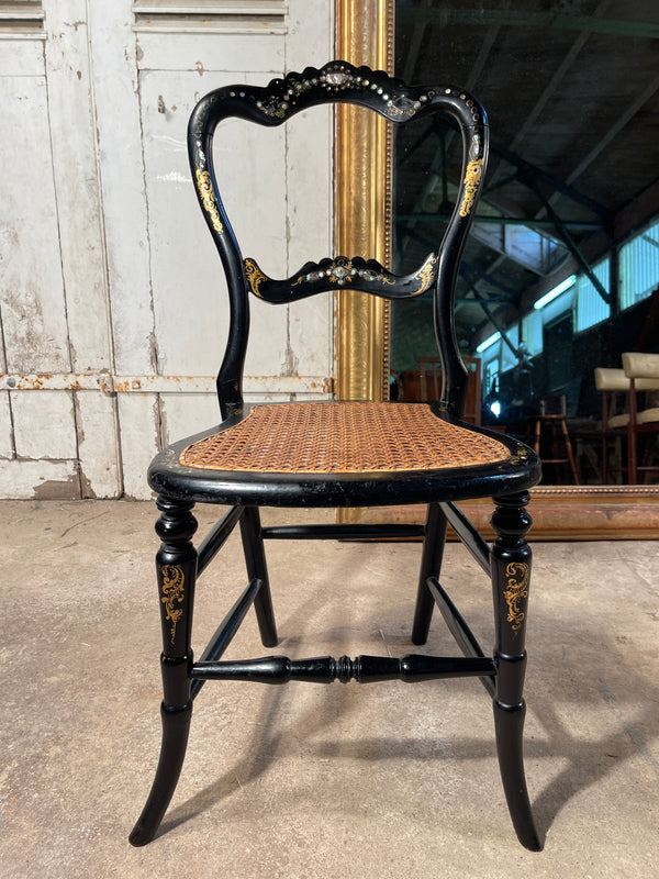 beautiful antique georgian ebonised gilt mother of pearl & cane show chair circa 1830