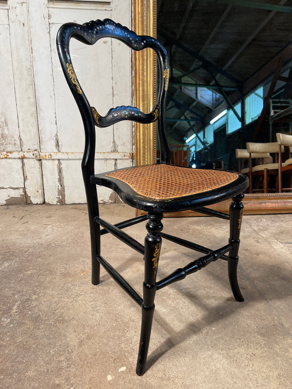 beautiful antique georgian ebonised gilt mother of pearl & cane show chair circa 1830