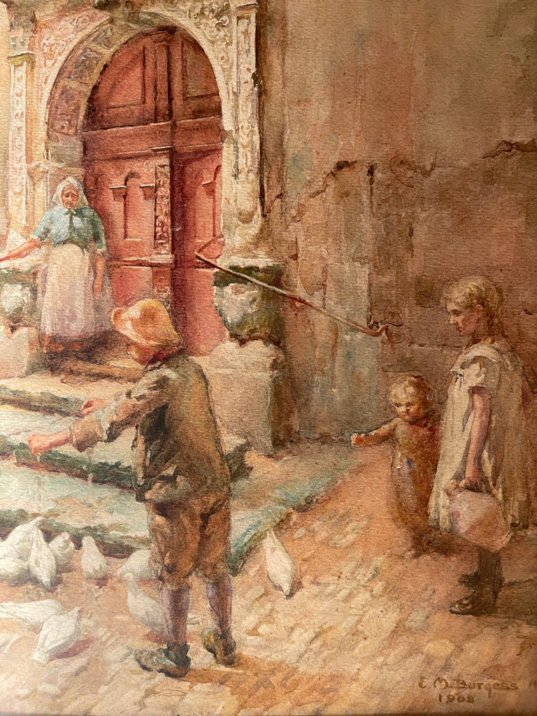 an exceptional watercolour by renowned artist  e m burgess as featured in the v & a  & royal academy dated 1908