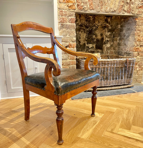 antique swedish fruitwood leather elbow chair