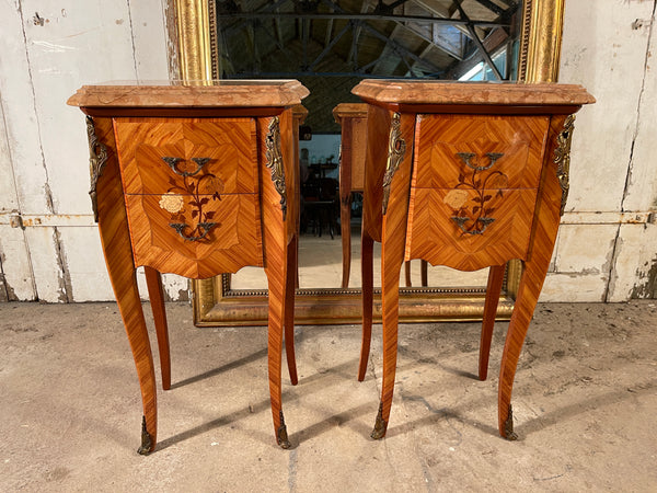 antique french kingwood bombe marquetry rosso verona marble bedside cabinet drawers