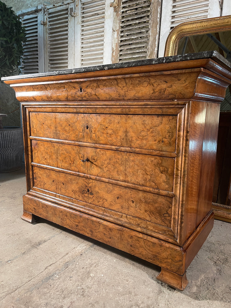 exceptional antique burr walnut marble french empire commode chest drawers circa 1830