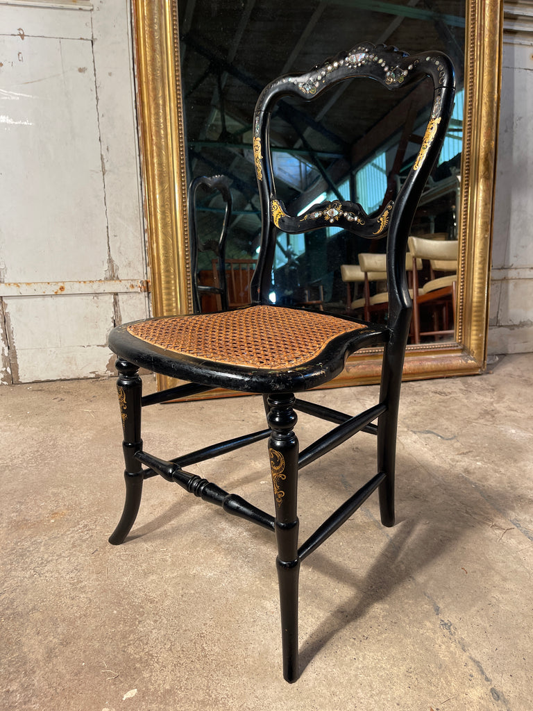 beautiful antique georgian ebonised gilt mother of pearl & cane show chair circa 1830