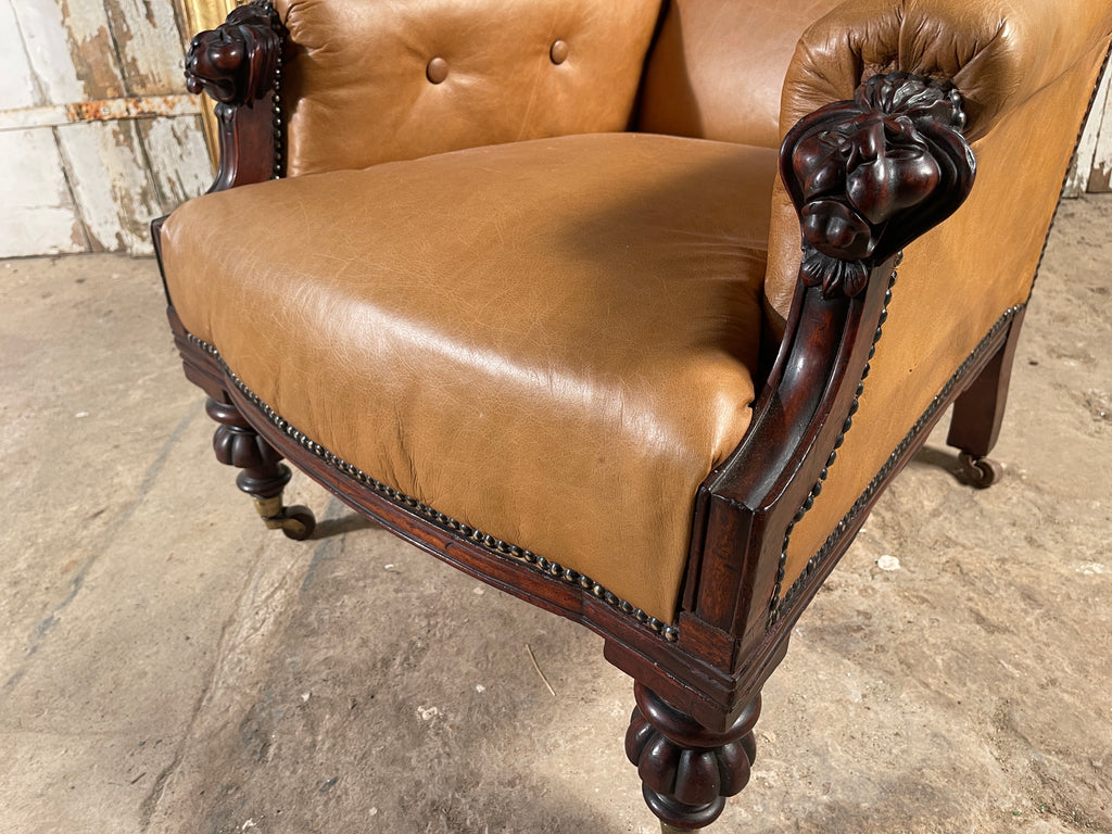 antique scottish mahogany leather library armchair with lions head carved arms