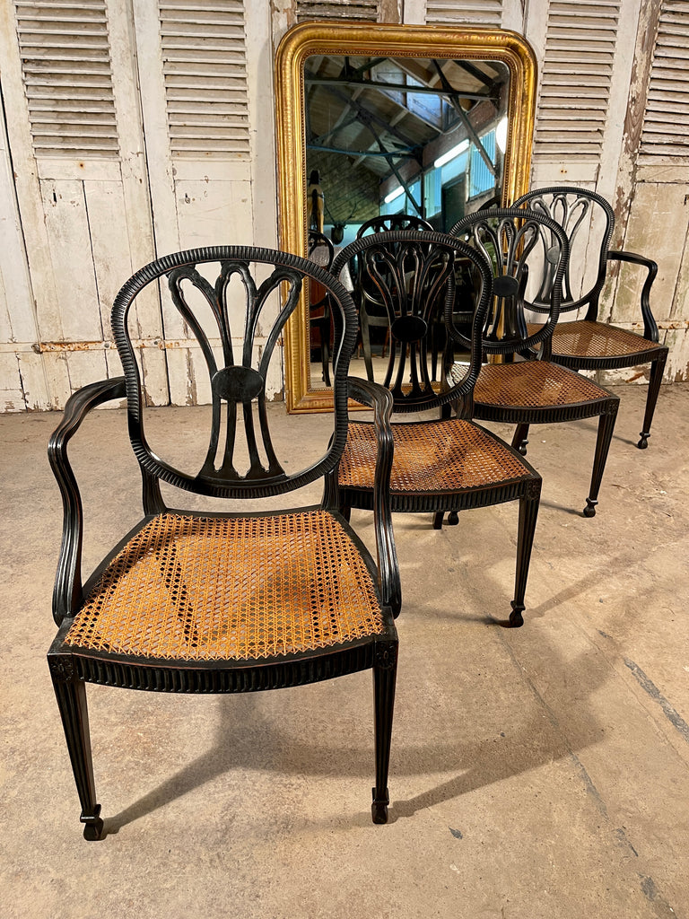 antique set of four sheraton ebonised cane dining elbow chairs circa 1790
