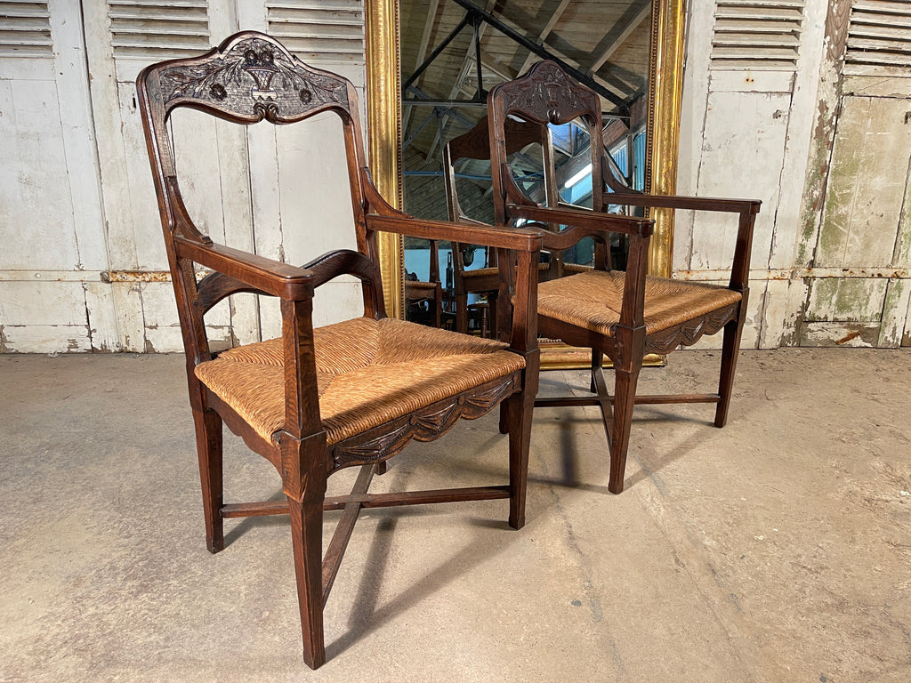 antique french provincial carved oak elbow dining chairs circa 1840