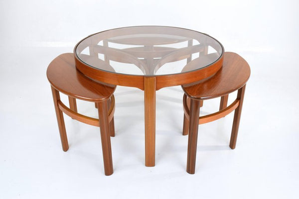 mid century vintage "trinity" nathan england round coffee table in oak & teak